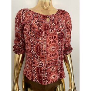 LUCKY BRAND Aztec Floral BOHO Western Blouse Cottagecore XS Heritage Classic